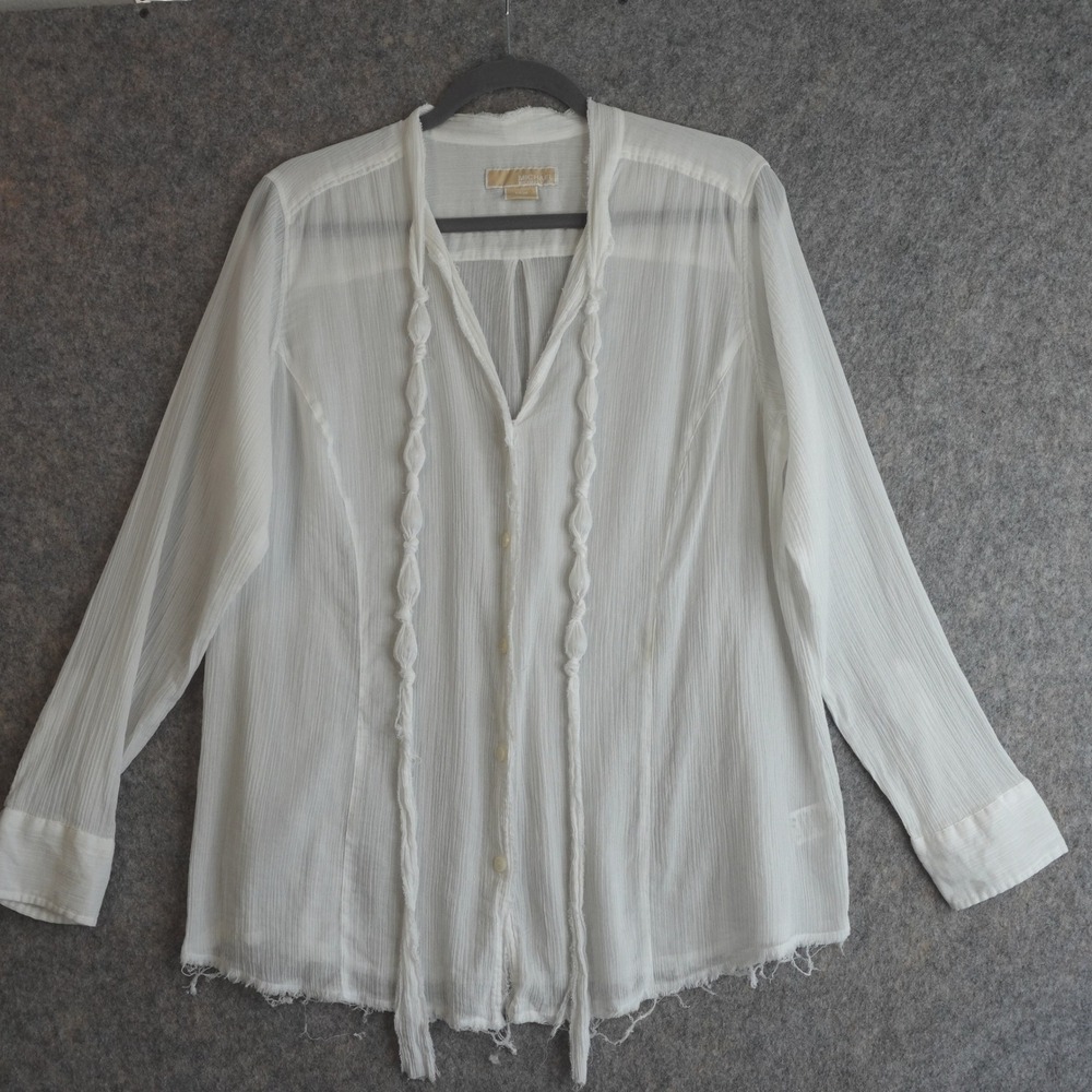Michael Kors White Gauzy Cotton Top Womens 14W Sheer Boho Tassel Coastal Beachy‎